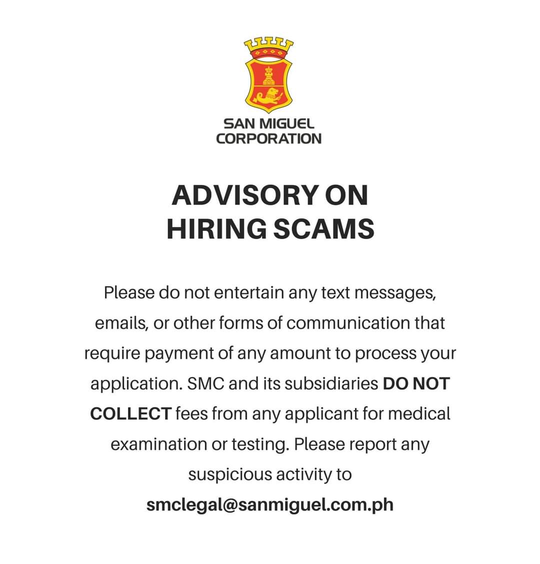 San Miguel Corporation Warns Public of Job Scams