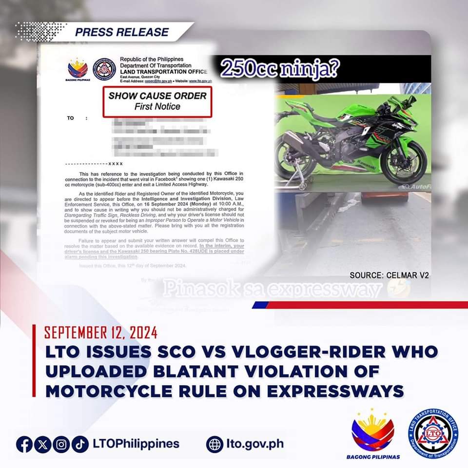 LTO Issues Show Cause Order Against Vlogger for Violating Motorcycle Rule on Expressway